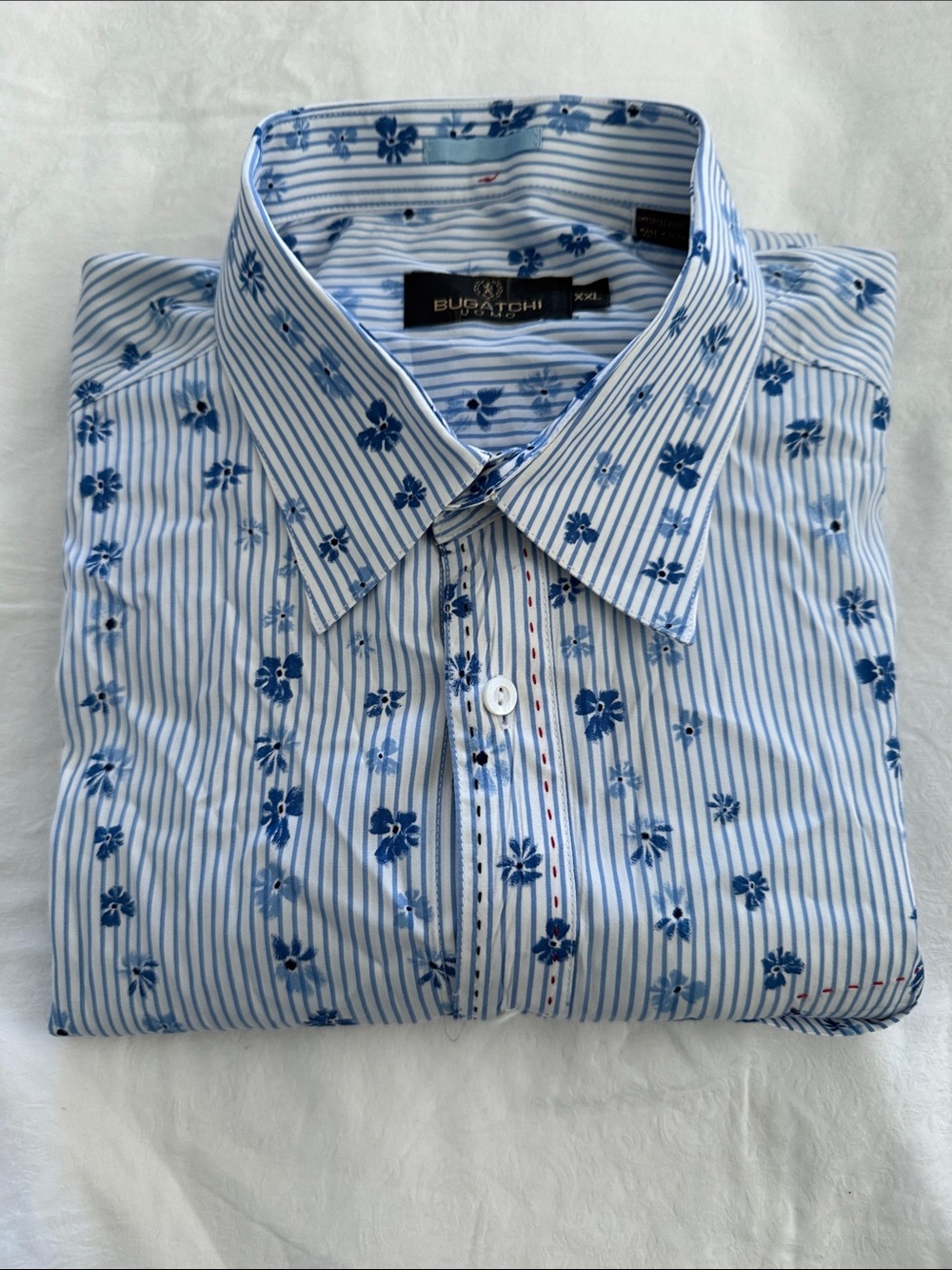 Bugatchi Blue Floral & White Stripe Dress Shirt Amazing Style!
